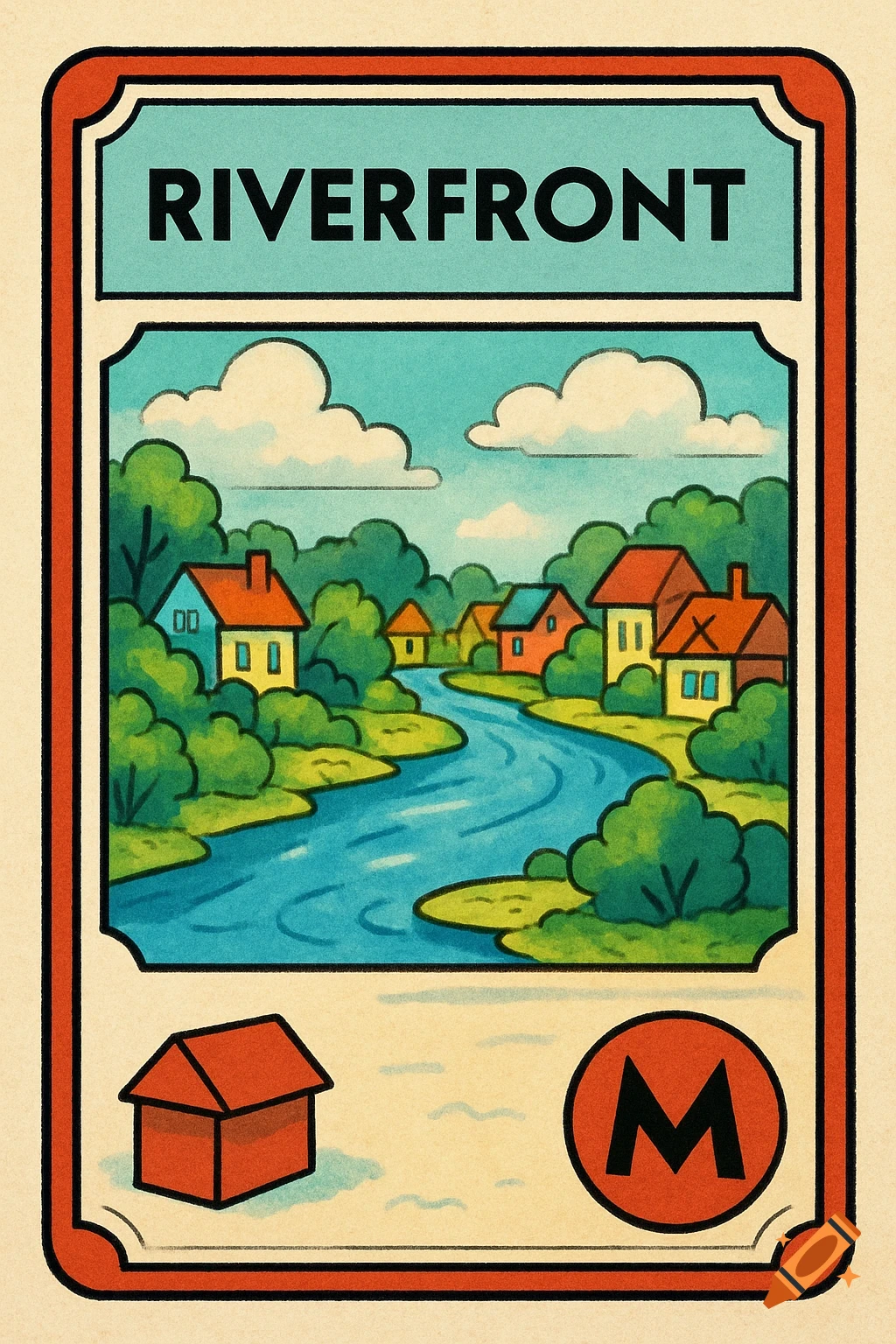 A Monopoly-style property deed card for "Riverfront" depicting houses along a winding river, with a red house icon and an 'M' symbol.