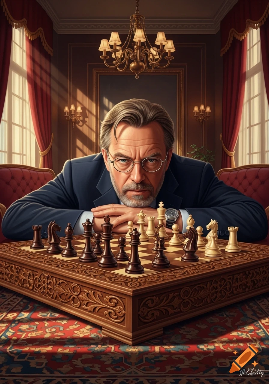 A stern man with a gray beard and glasses leans over a richly carved chess board, looking intently at the viewer in a luxurious room.