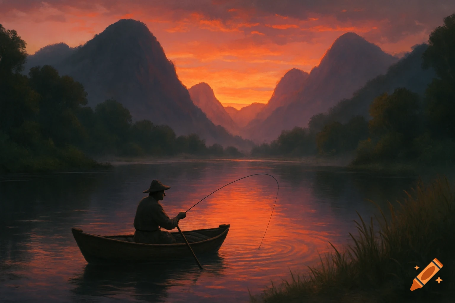 A person in a small boat fishes on a calm lake surrounded by mountains at sunset, with an orange-red sky reflected on the water.
