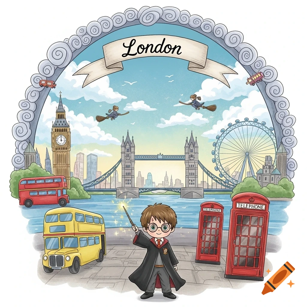 Cartoon illustration of Harry Potter with a wand in London, surrounded by landmarks like Big Ben, Tower Bridge, and double-decker buses, with 'London' on a banner.