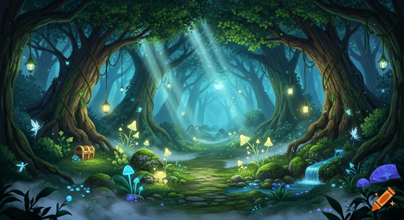 A vibrant fantasy forest with glowing mushrooms, fairies, a treasure chest, lanterns, and a path leading into a misty blue distance under sun rays.