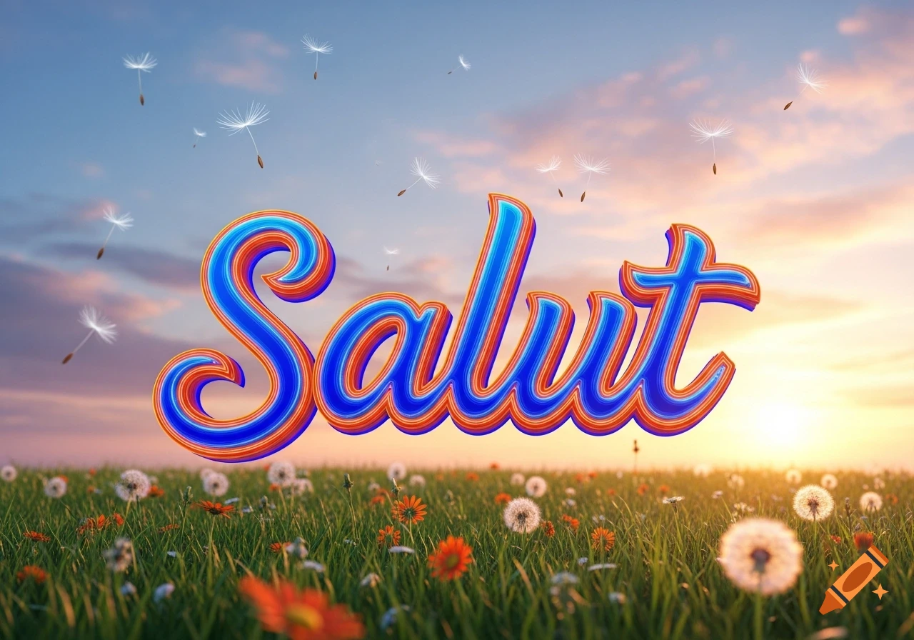 A vibrant 3D rendering of the word 'Salut' in blue and orange, floating above a sunny field of dandelions and flowers at sunset.