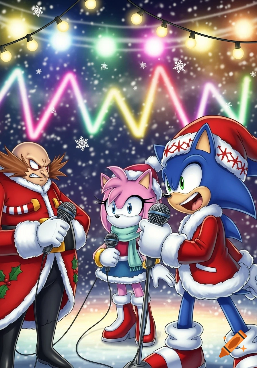 Sonic, Amy, and Eggman in Santa outfits sing karaoke in a snowy, festive cartoon scene with colorful lights.
