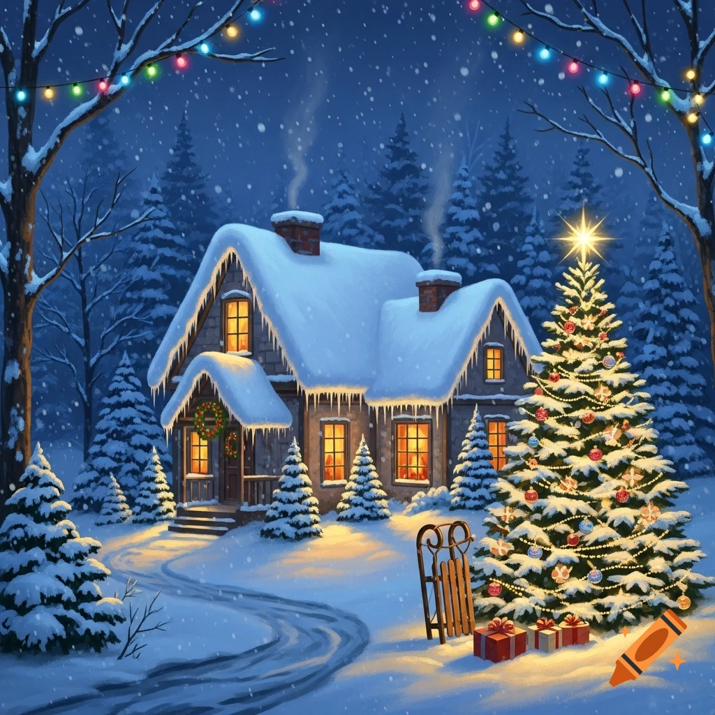 A cozy, snow-covered cabin at night with warm glowing windows, a decorated Christmas tree, and falling snow.
