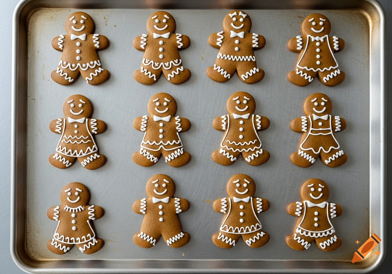 A dozen freshly baked gingerbread cookies decorated with white icing, laid out on a baking sheet.