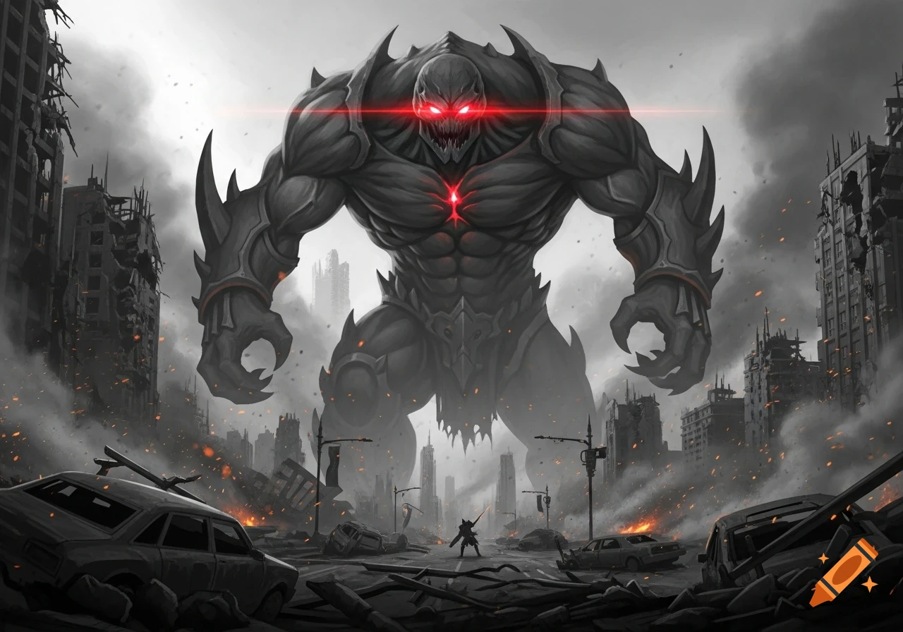 A gigantic grey monster with glowing red eyes stands over a tiny warrior in a desolate, smoke-filled, destroyed city.