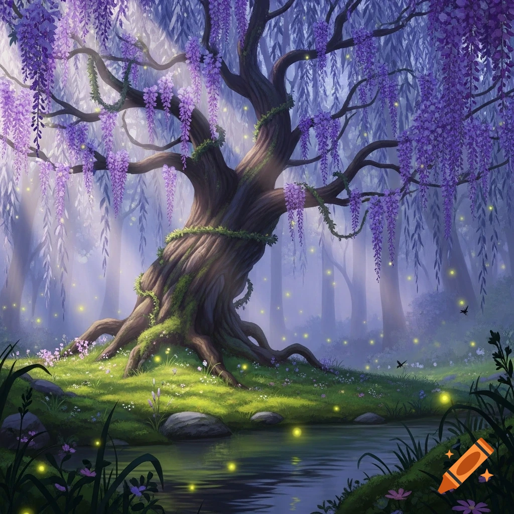 A large wisteria tree with purple flowers and green vines in an enchanted forest, with a pond and glowing fireflies.