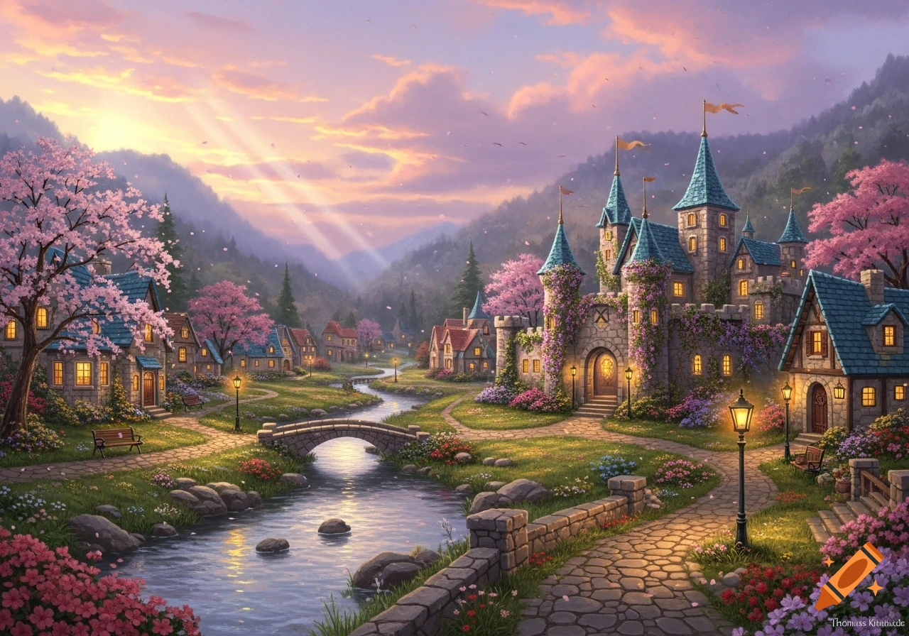 A picturesque fantasy village with a castle, houses, river, and cherry blossoms at sunset, in the style of Thomas Kinkade.
