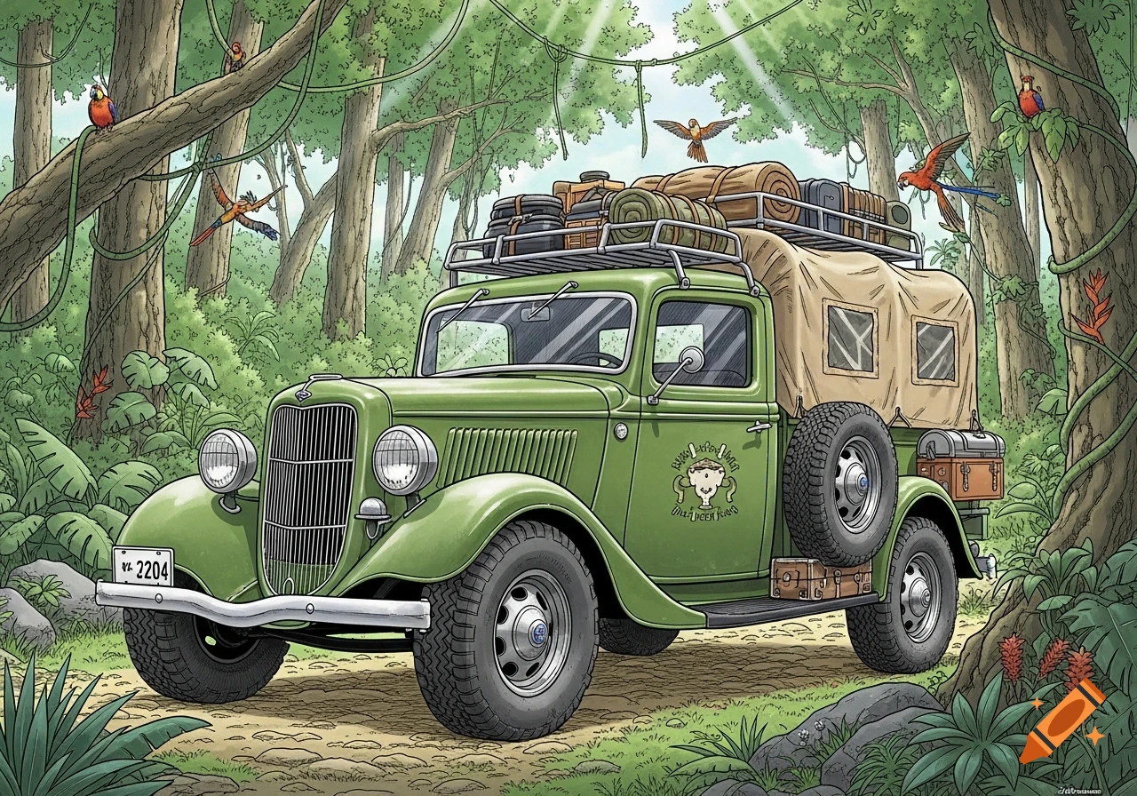Manga-style illustration of a green 1934 Ford pickup truck with travel gear and a canvas-covered back, driving through a vibrant jungle with parrots.