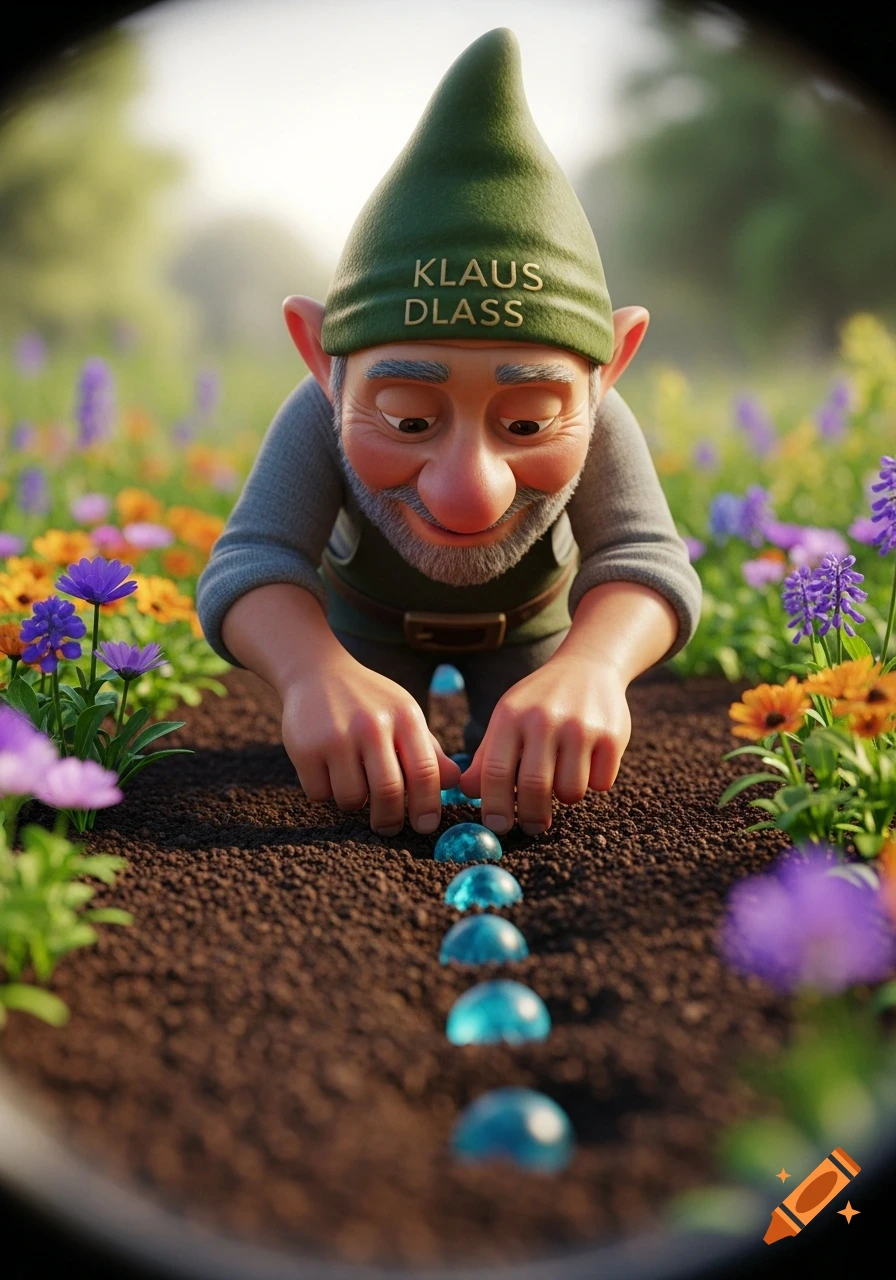 A smiling gnome in a green hat with "KLAUS DLASS" on it, planting blue gems in a flower garden.