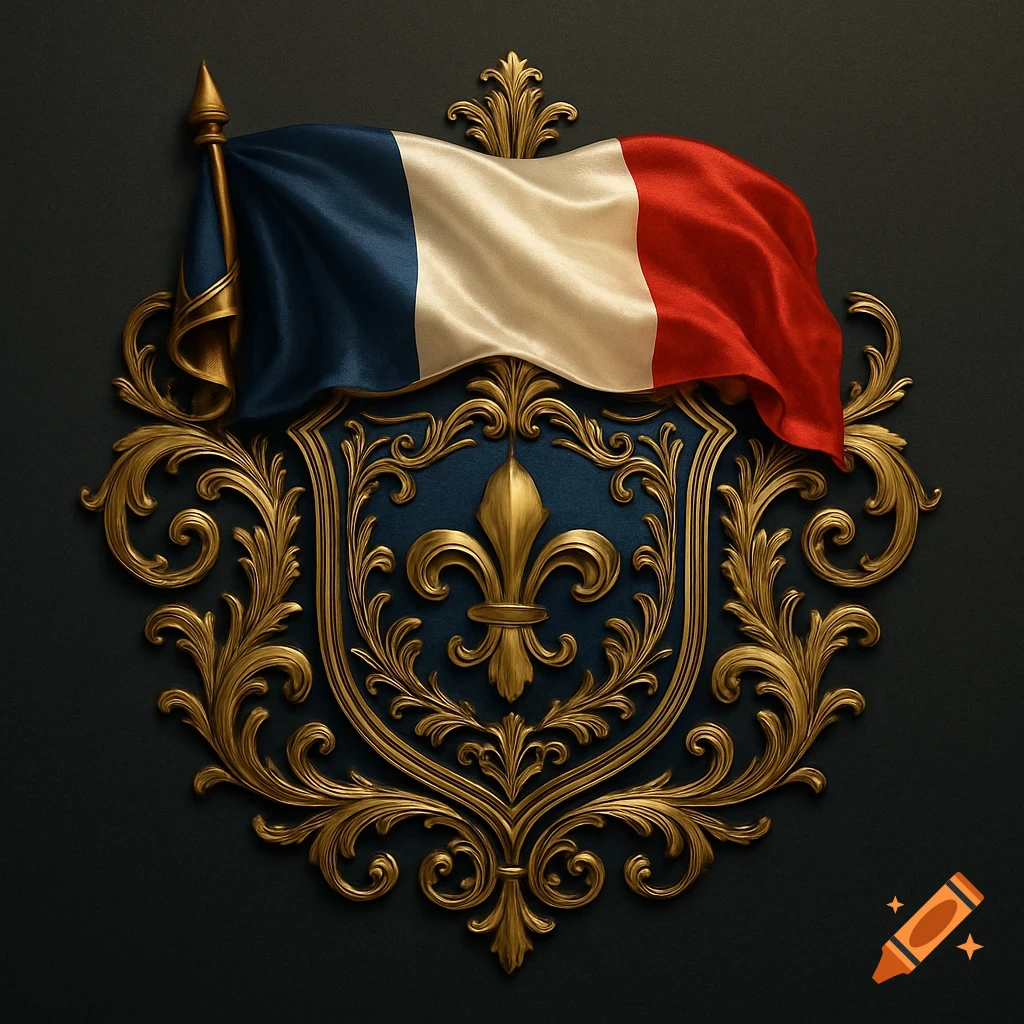An ornate golden emblem featuring a blue shield with a fleur-de-lis, topped by a flowing French flag on a dark background.