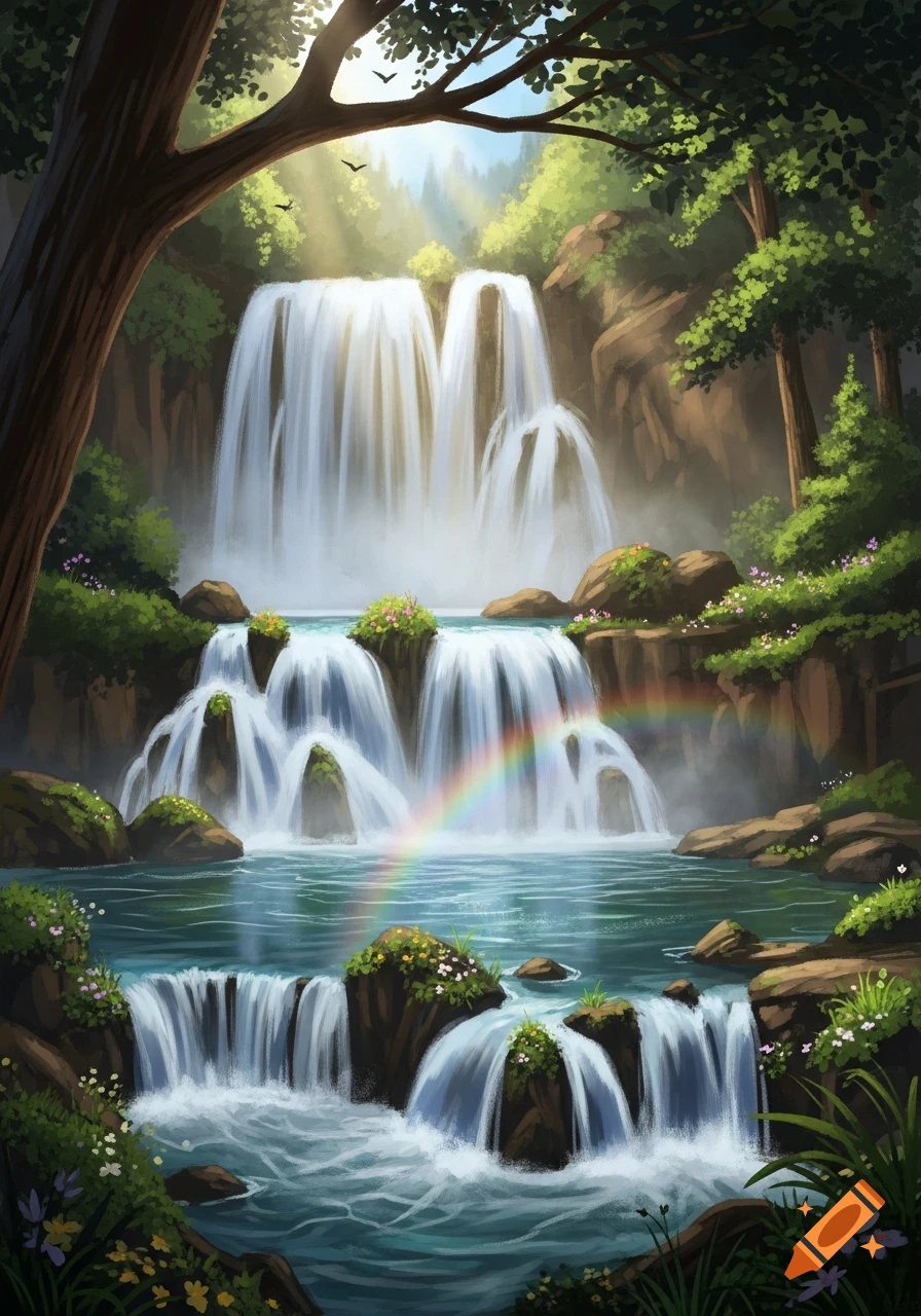 Lush, vibrant illustration of a tiered waterfall cascading into a pool with a rainbow, surrounded by green trees and foliage.