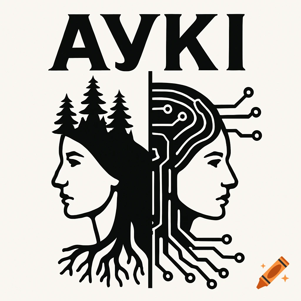 Black and white vector logo with text 'AYKI' above a stylized split female head. One side has trees and roots, the other has circuit board patterns.