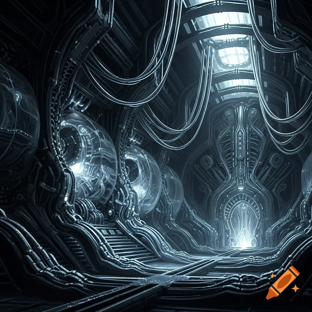 A dark, intricate biomechanical interior with glowing elements and complex structures, in the style of H.R. Giger.