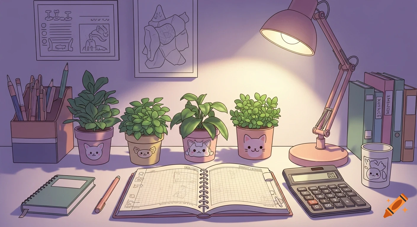 A cozy, lofi anime-style desk scene with pastel lighting, featuring potted plants with kawaii faces, an open notebook, a calculator, a warm glowing lamp, and binders.