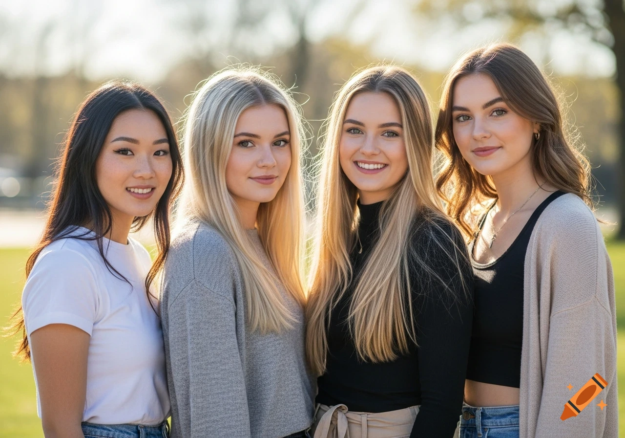Four smiling young women with varying hair colors pose closely together outdoors in bright natural light.