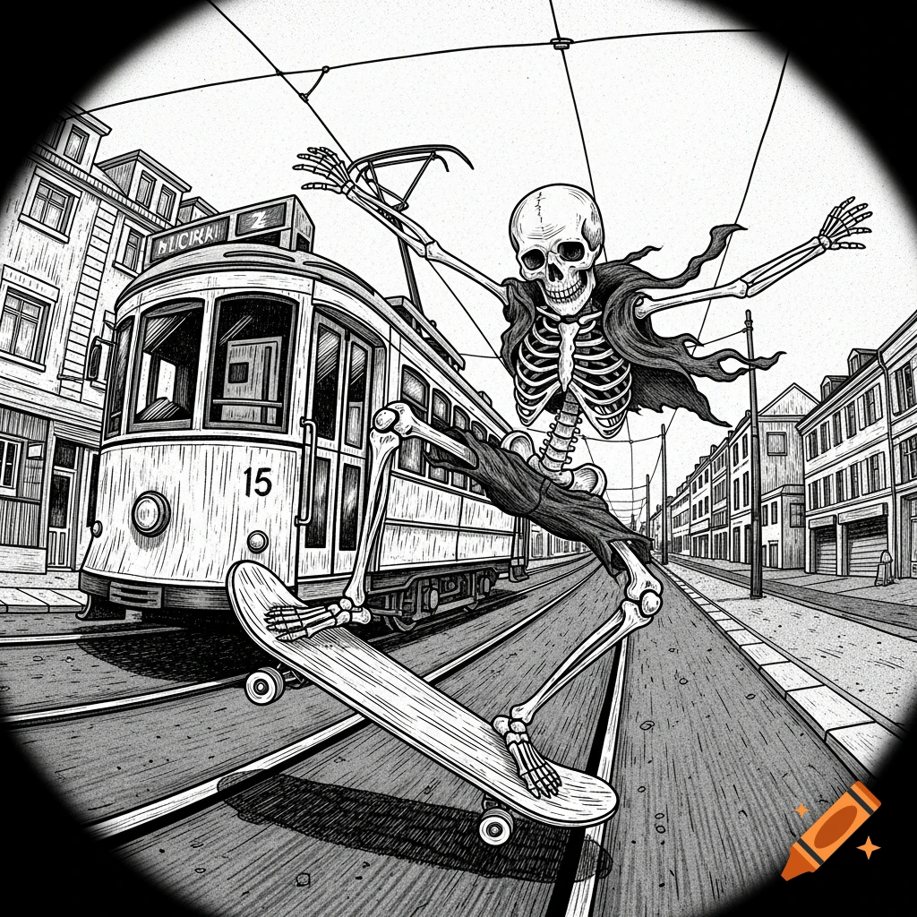 Woodcut illustration of a skeleton skateboarding on tram tracks in a city street, viewed through a fisheye lens.