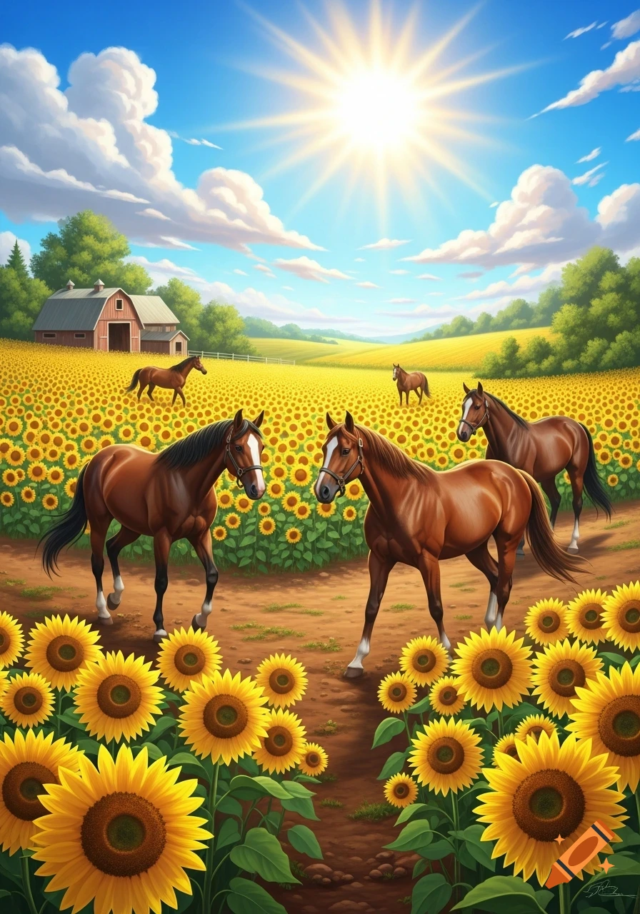 Vibrant illustration of horses in a sunny sunflower field with a red barn under a blue sky.