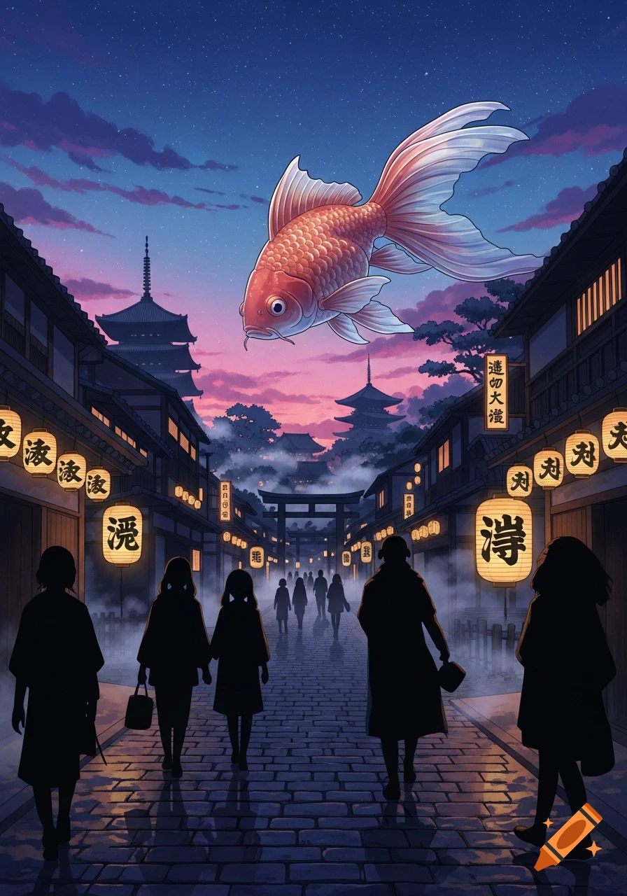 A giant red and white goldfish floats above a glowing Japanese street at night, with pagoda-style buildings and silhouetted people walking below.