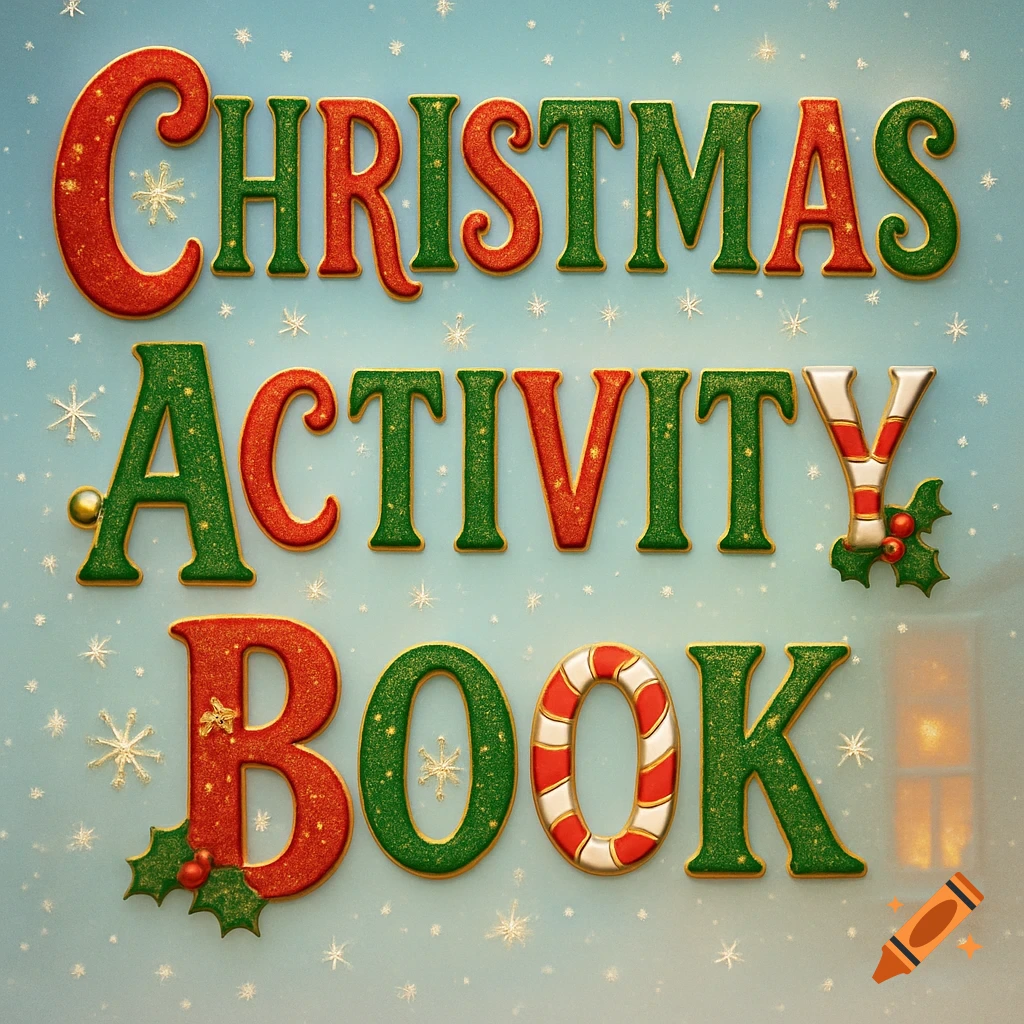 Glittery red and green 3D letters spell 'CHRISTMAS ACTIVITY BOOK' on a snowy light blue background with holly.