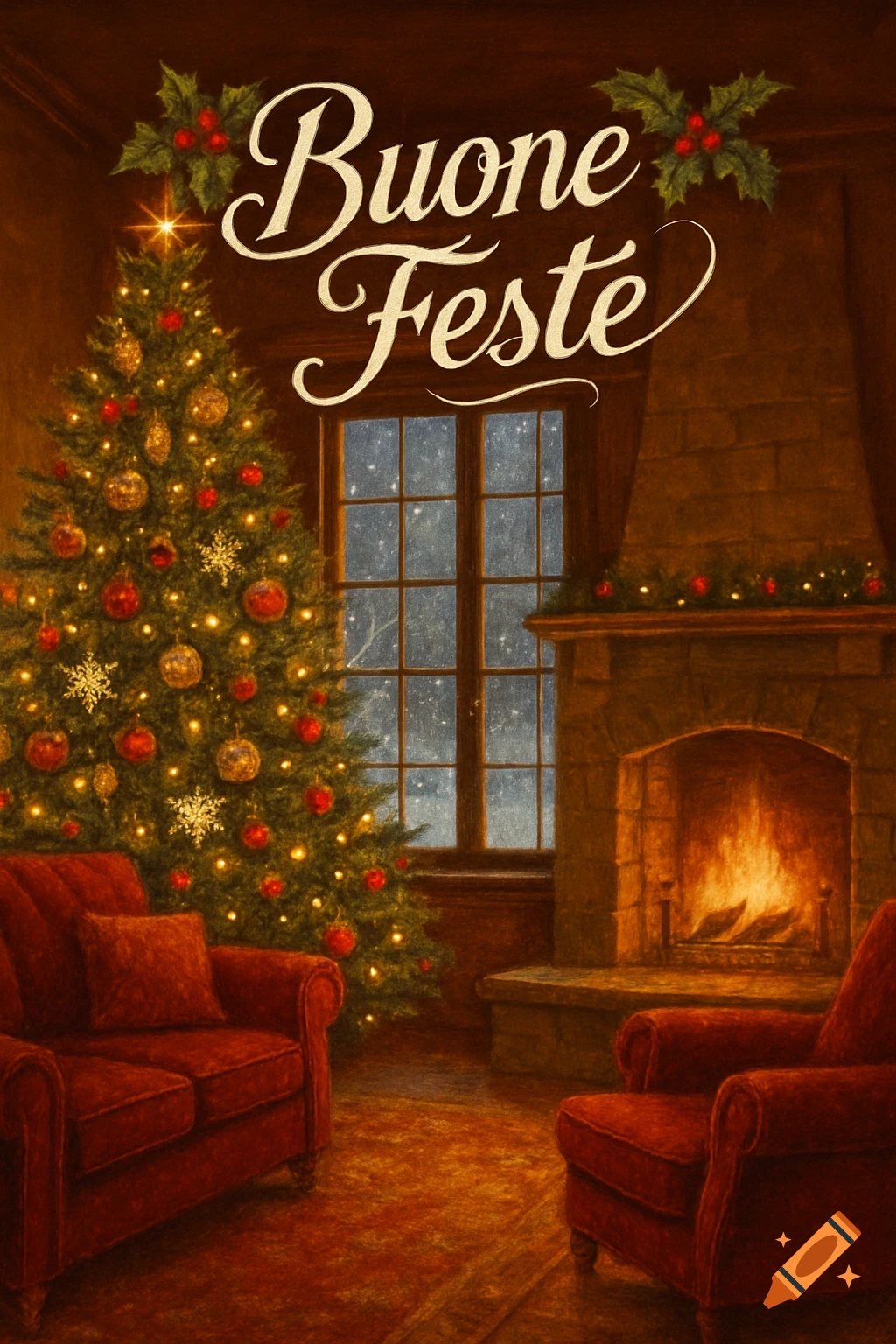 Cozy Christmas living room with a decorated tree, burning fireplace, red armchairs, and a snowy window, with 'Buone Feste' text.