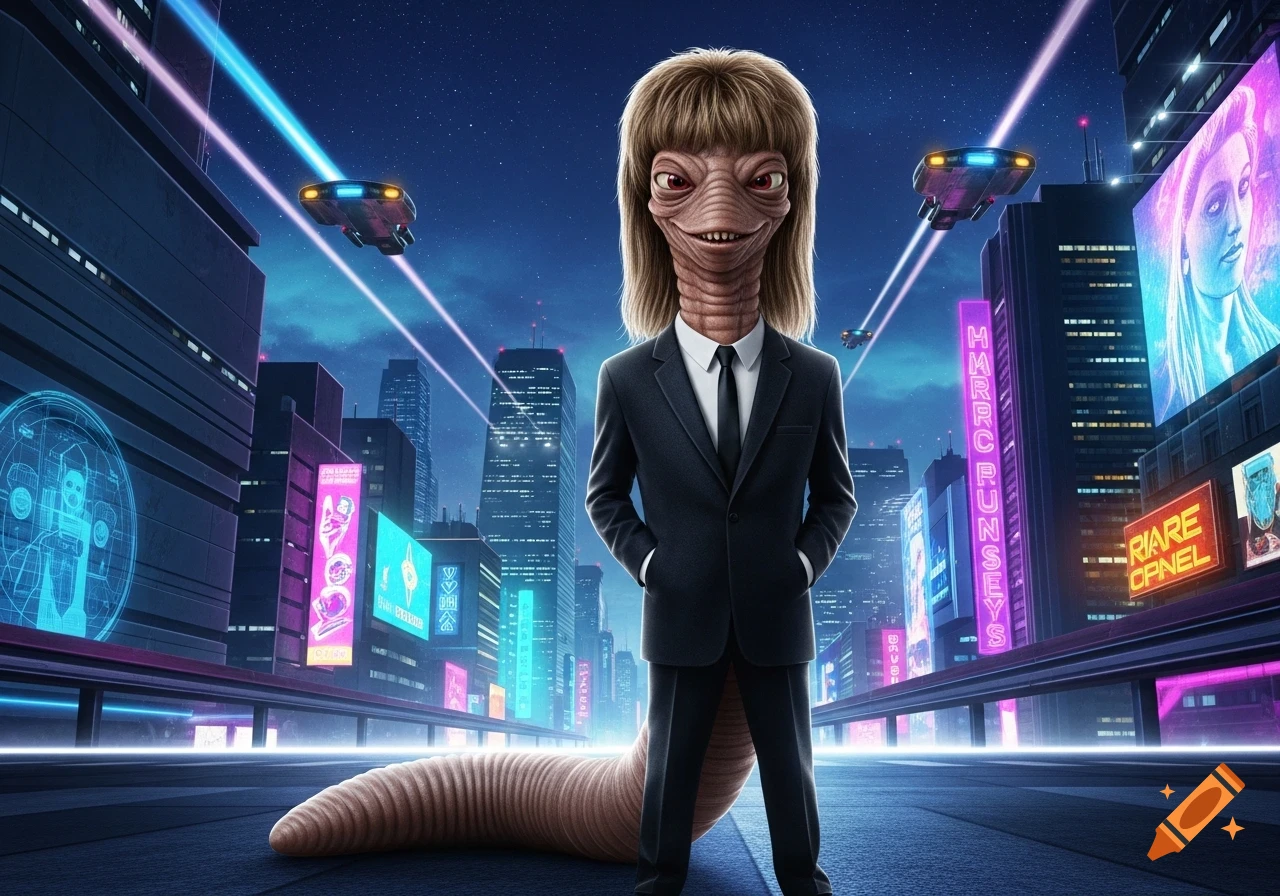 A worm-like alien with a mullet, dressed in a black suit, stands in a neon-lit futuristic city with flying vehicles.