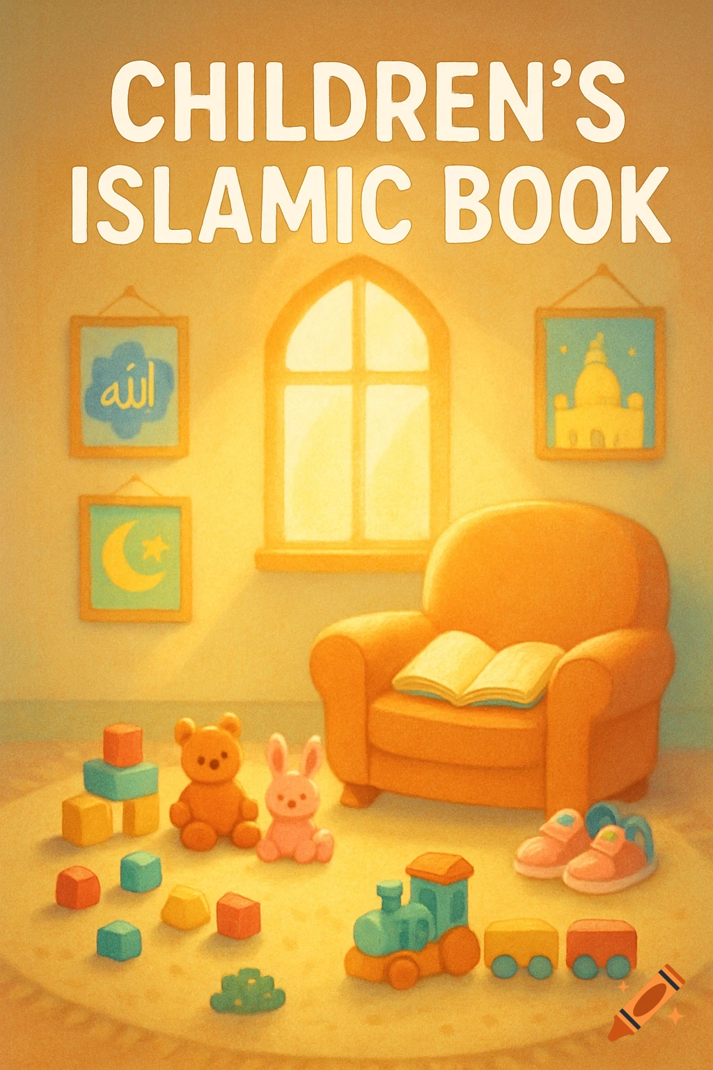 A warmly lit children's room with an armchair, toys on the floor, and Islamic themed wall art. Text reads 'CHILDREN'S ISLAMIC BOOK'.