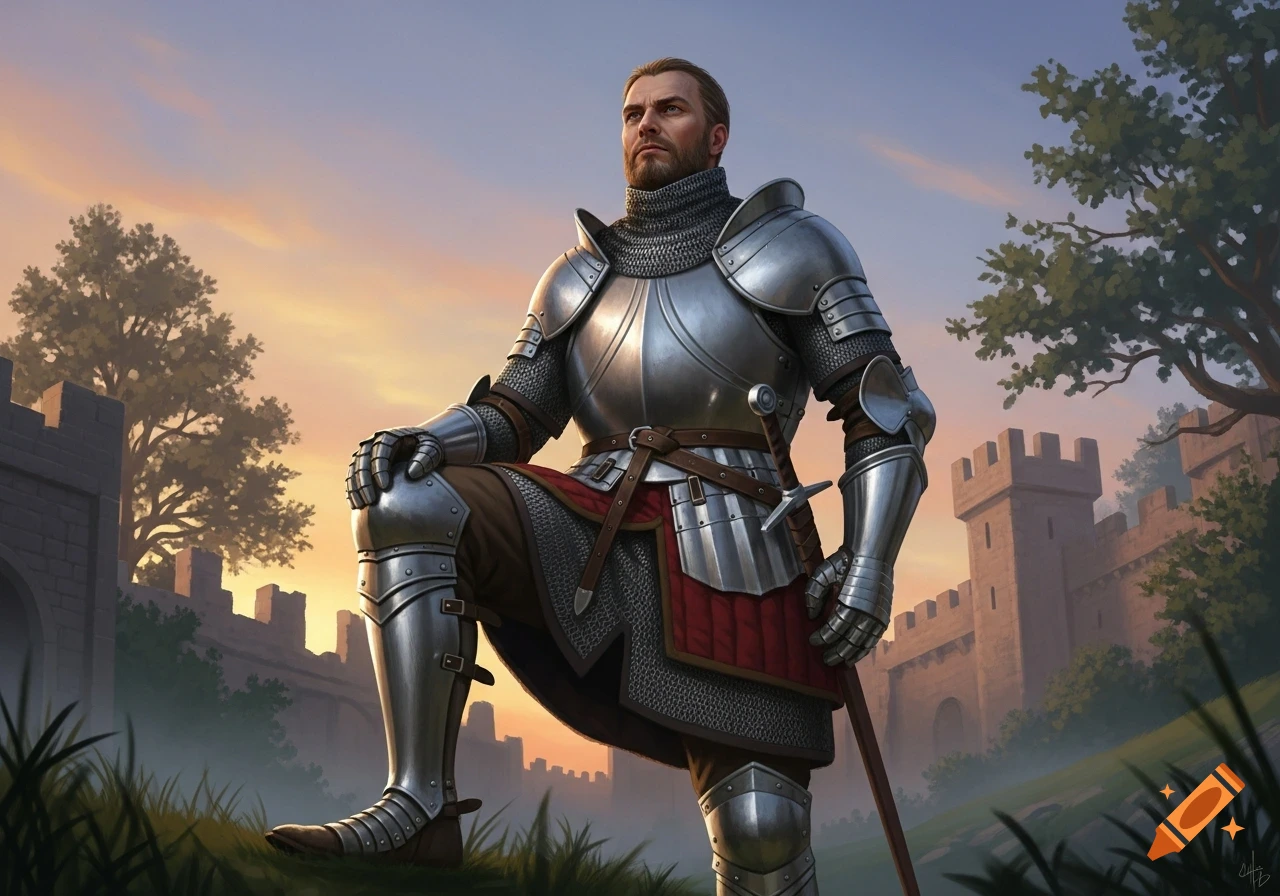 A knight in shining armor and chainmail kneels before a castle at sunset, digital painting.