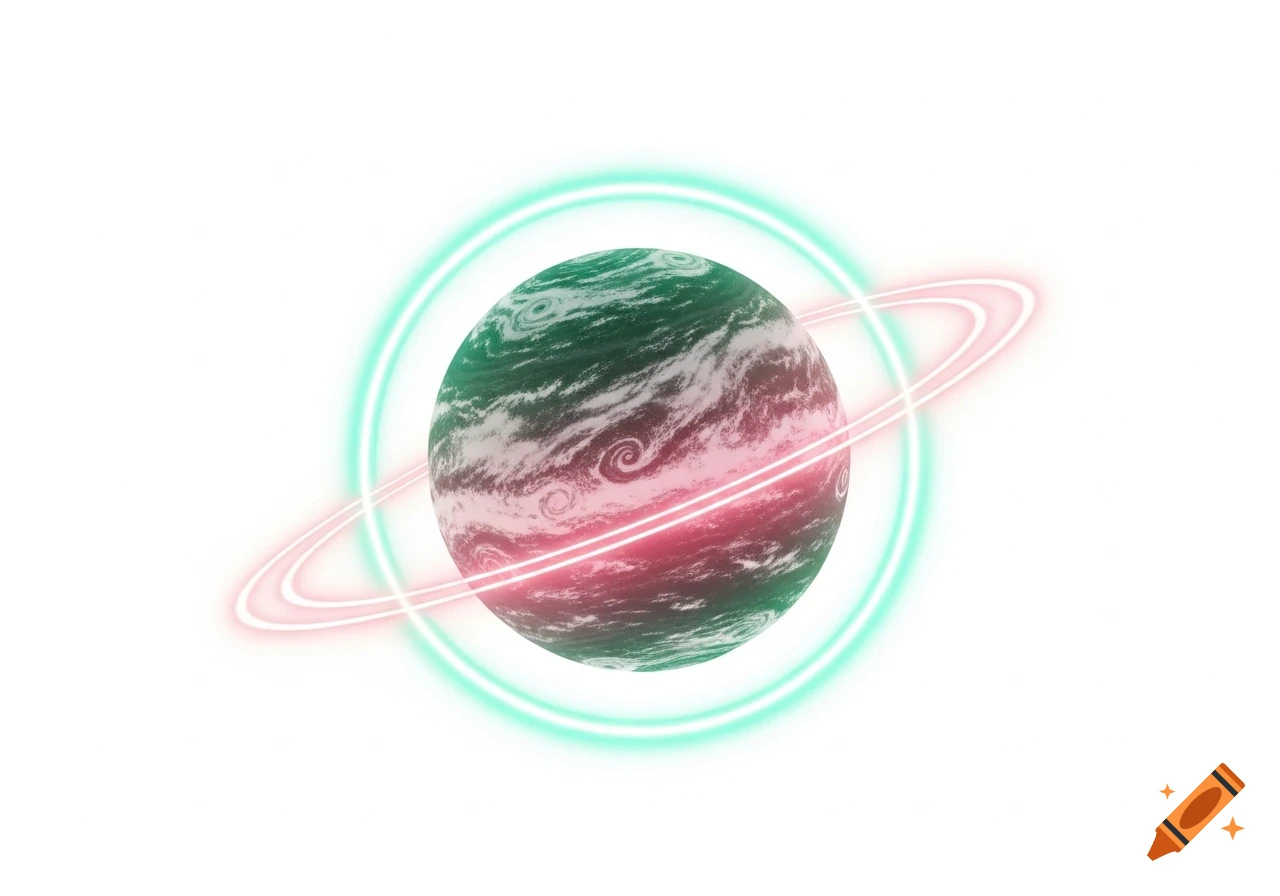 A stylized planet with swirling green and pink surface, surrounded by glowing pink rings and an aqua green halo, on a white background.