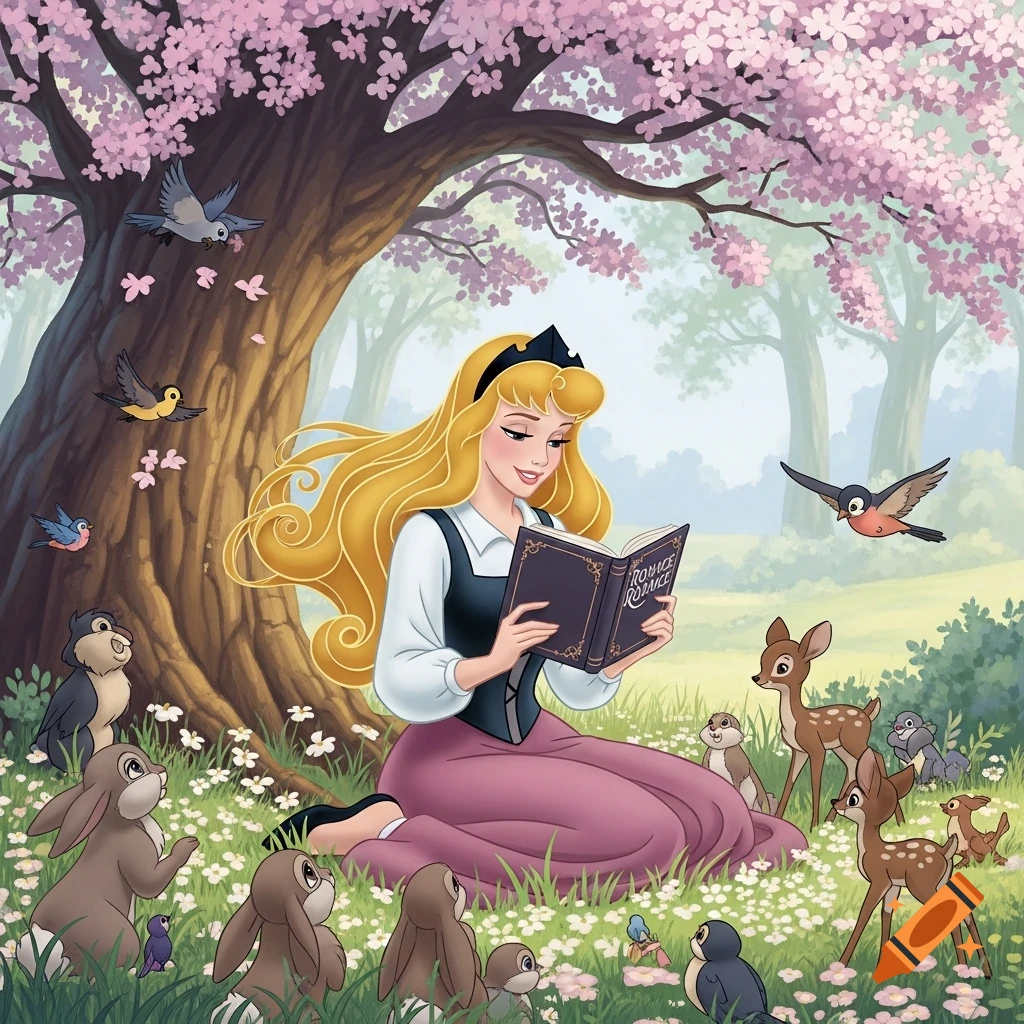 Princess Aurora reads a book under a pink-blossomed tree in a forest, surrounded by deer, rabbits, and birds, in a classic animation style.