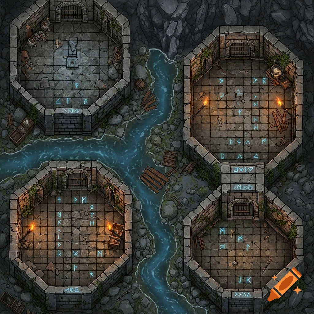 Overhead view of a detailed RPG dungeon map with multiple octagonal stone rooms, a winding river, and glowing runes on the floor.