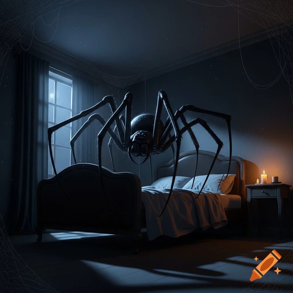 A giant black spider with glowing red eyes looms over a bed in a dimly lit bedroom at night, illuminated by moonlight.