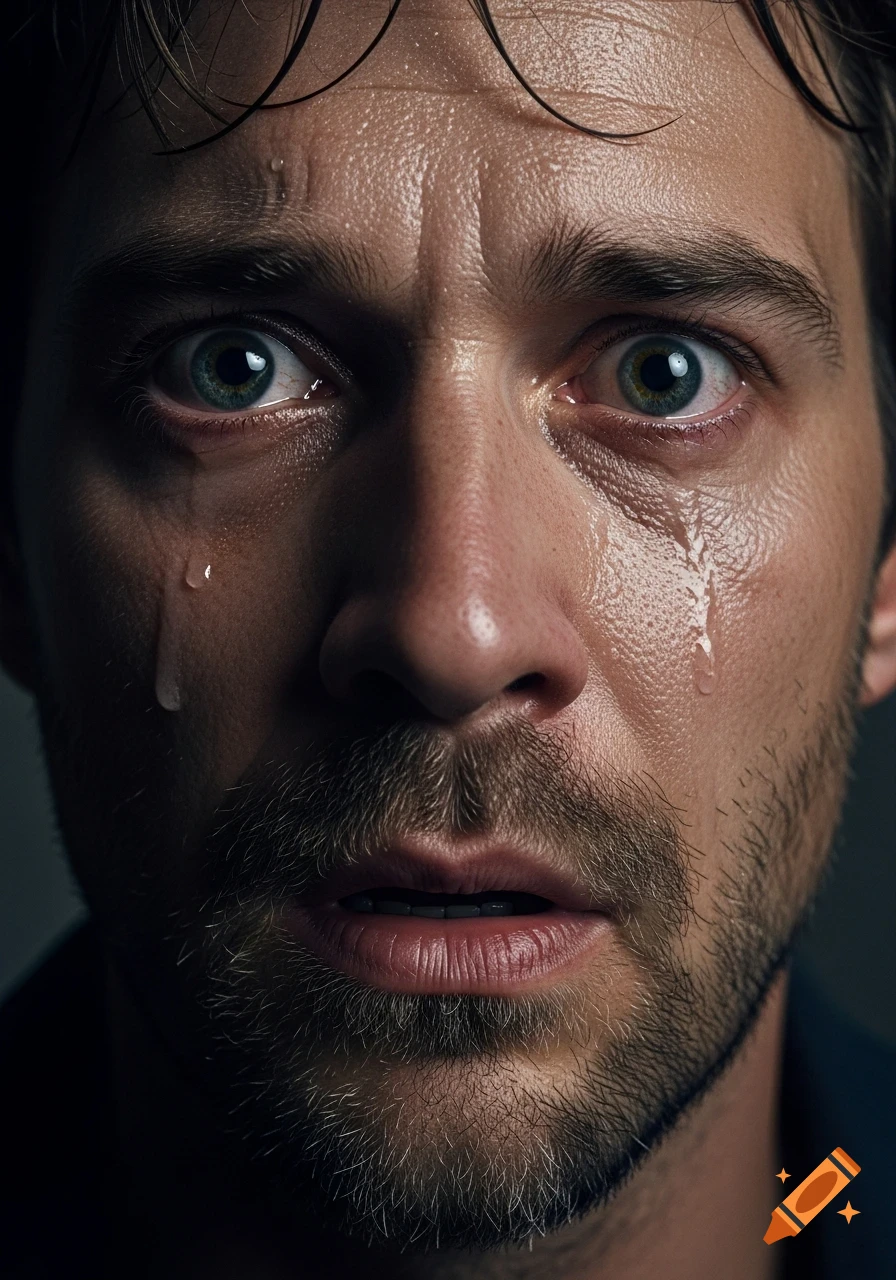 An extreme close-up photorealistic portrait of a terrified man's face, crying with wide, panic-stricken eyes and glistening sweat.
