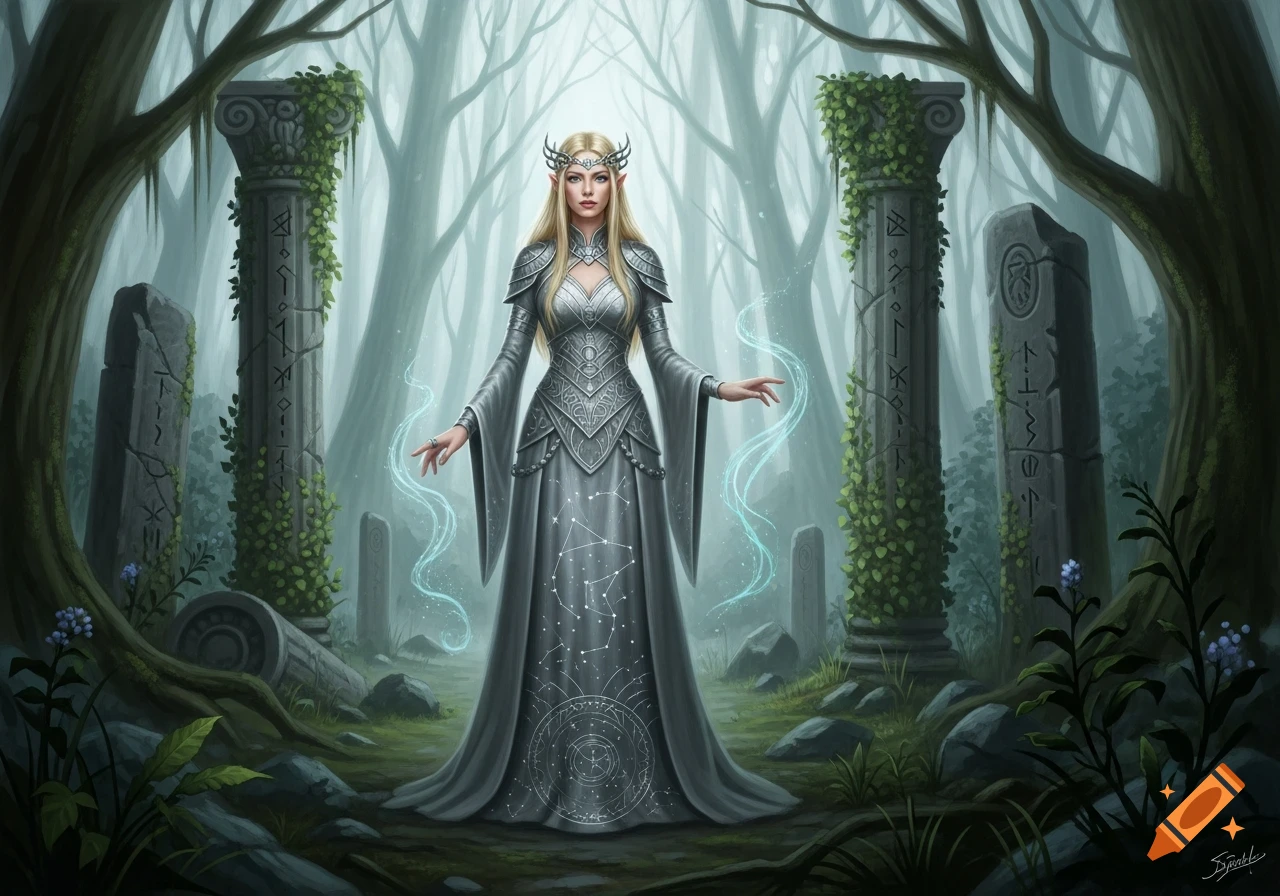 A blonde elven sorceress in a silver dress stands in a misty forest with ancient, vine-covered ruins and glowing magic.