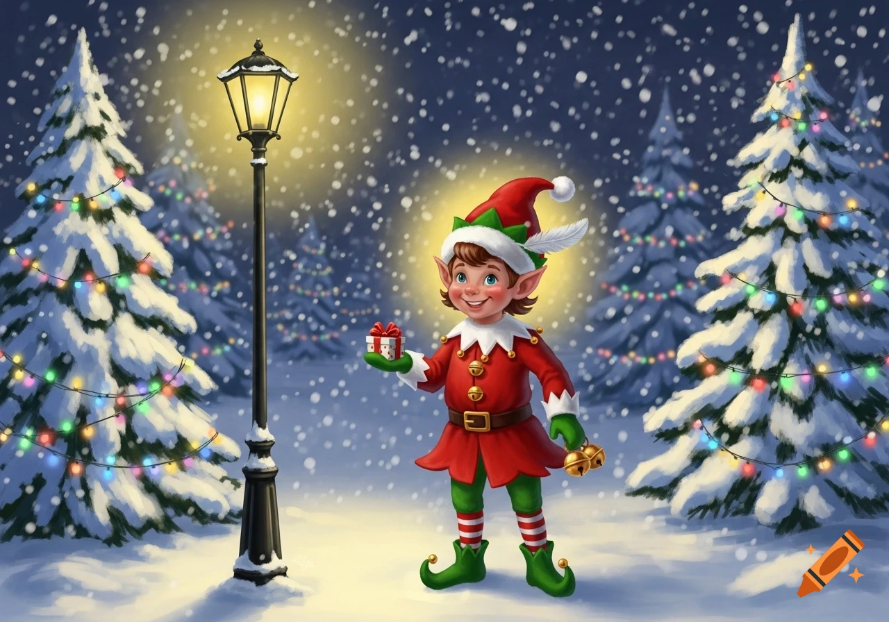 A happy Christmas elf in a red and green outfit holds a small gift next to a lamppost in a snowy forest scene.