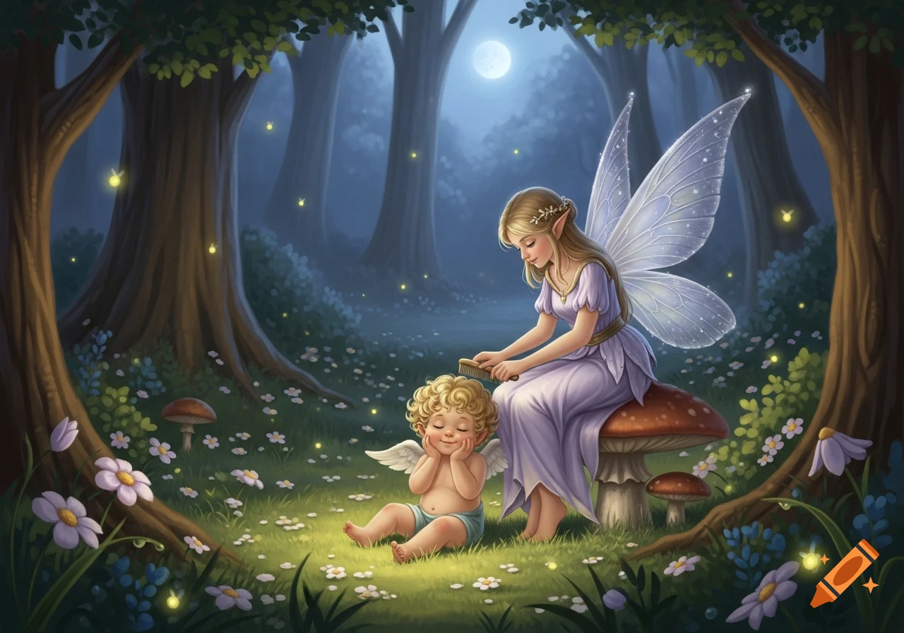 A blonde fairy with pointed ears and translucent wings sits on a mushroom, gently combing the curly blonde hair of a smiling putto in a mystical forest at night, illuminated by fireflies and a full moon.