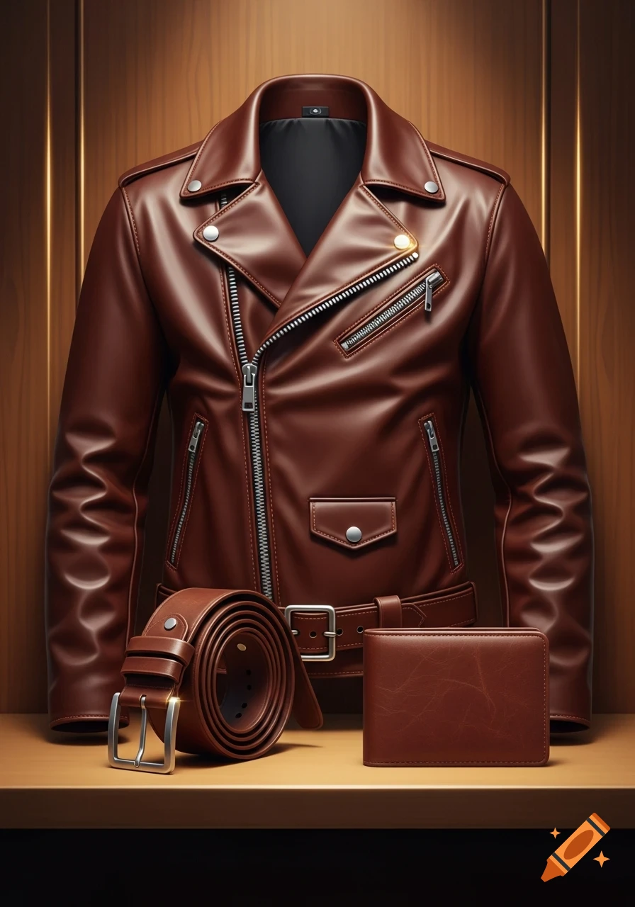 A brown leather biker jacket with silver zippers, a rolled belt with a silver buckle, and a matching wallet are displayed on a wooden surface.