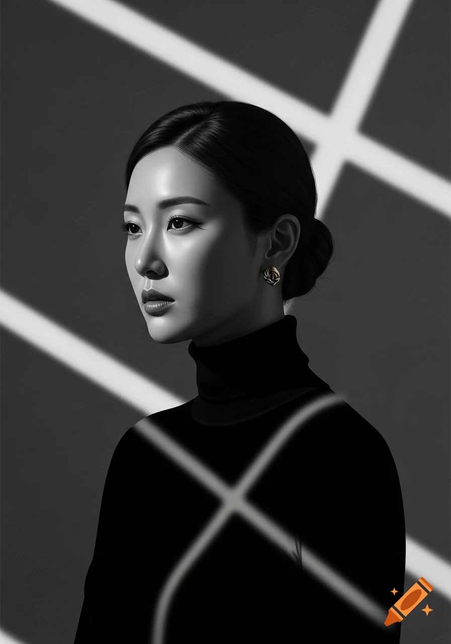 A black and white cinematic portrait of a woman in a turtleneck with a bun, highlighted by strong cross-beam shadows.