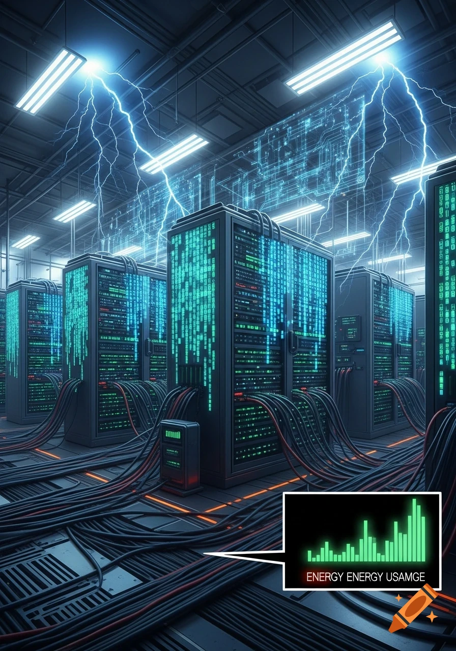 Futuristic data center with server racks, glowing data, lightning bolts, tangled cables, and a display showing energy usage.