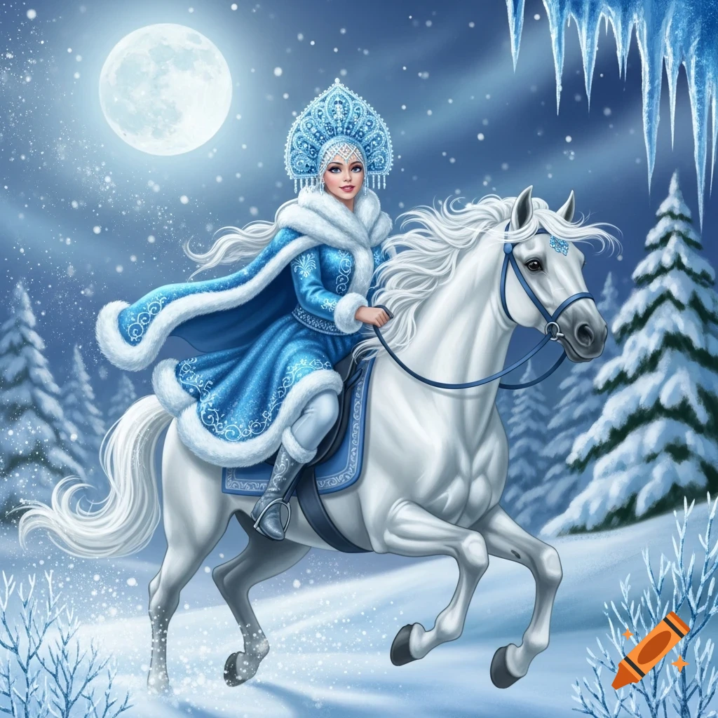 Snegurochka in a blue, fur-trimmed coat and kokoshnik, riding a white horse through a snowy forest under a full moon.
