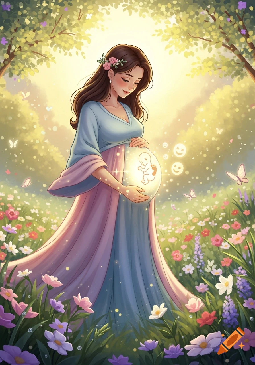 Anime-style illustration of a pregnant woman in a flowing dress, cradling her glowing belly with a baby outline and footprint, in a sunlit flower garden.