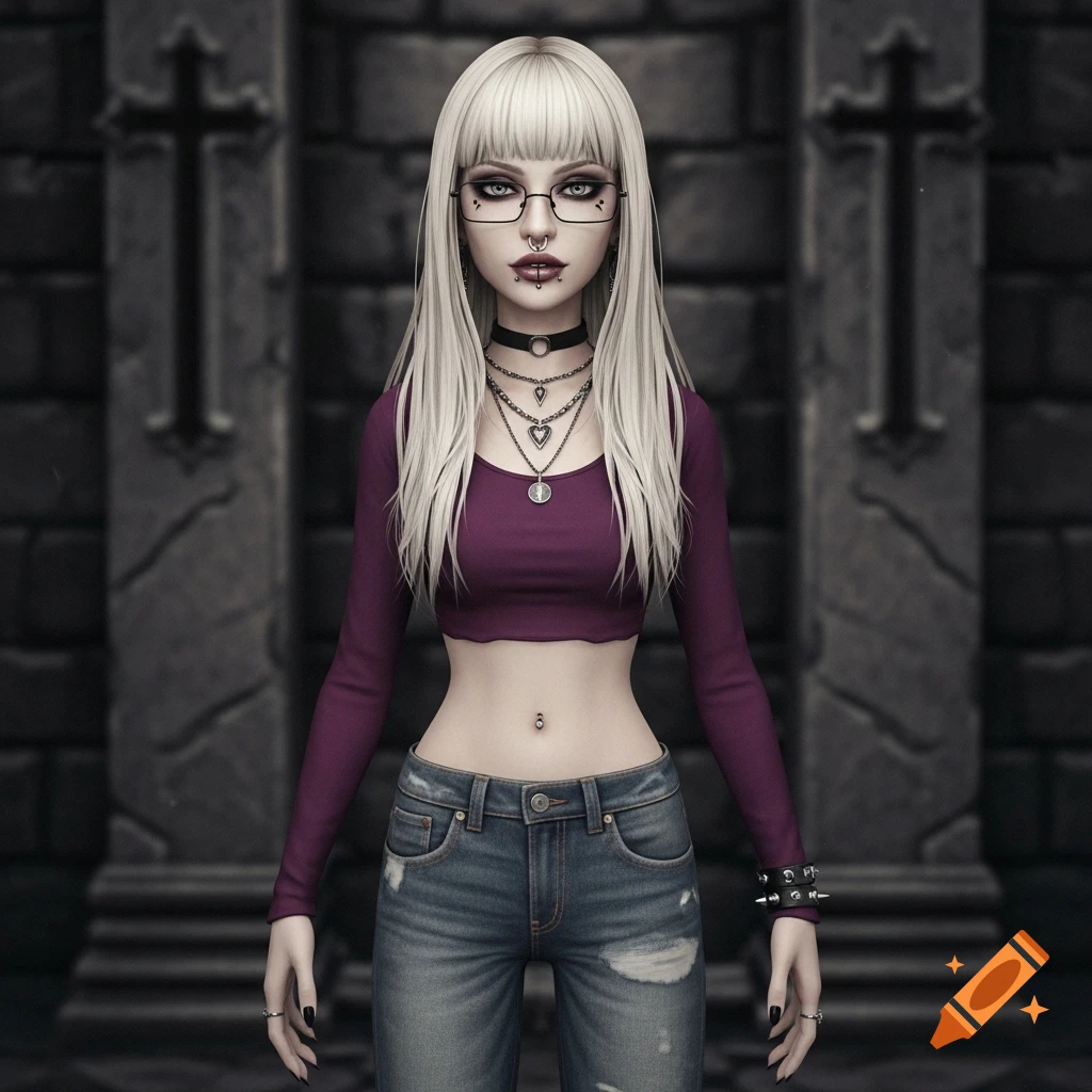 A PS2-era gothic female character with platinum blonde hair, glasses, piercings, a purple crop top, and jeans, set against a dark stone background.