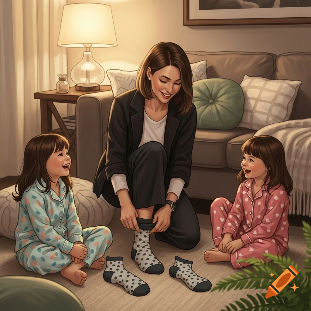 An illustration of a mother taking off her socks while her two delighted daughters watch in a cozy living room.