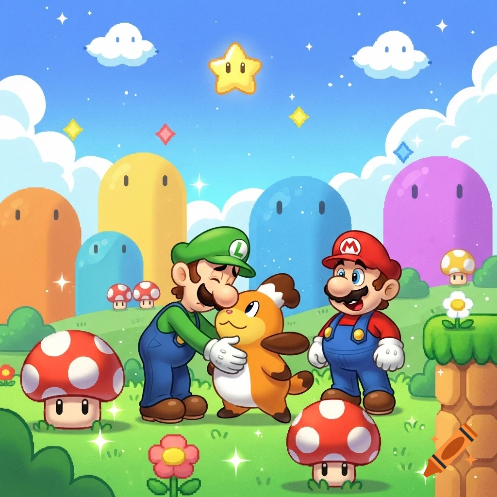 Luigi hugs a cute dog-like creature while Mario stands by in a vibrant Super Mario Bros. cartoon landscape.