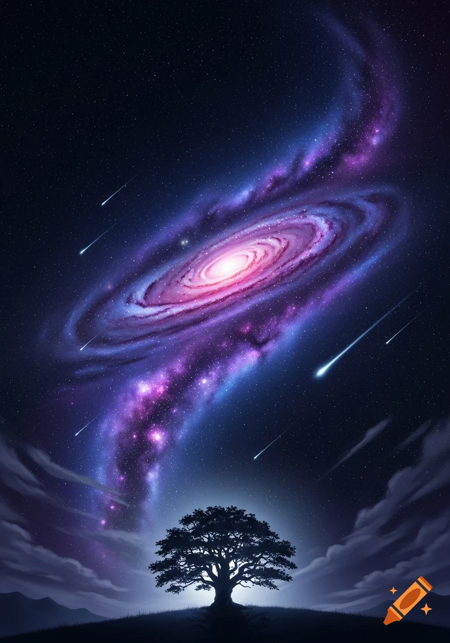 Silhouette of a lone tree on a hill against a stunning purple and blue galaxy and starry night sky with shooting stars.