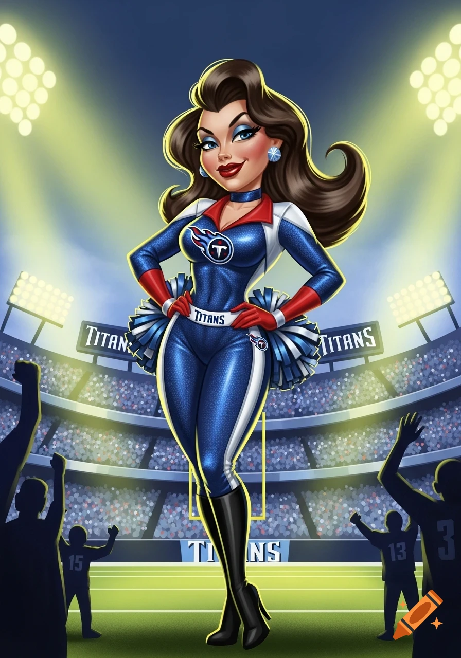 A cartoon woman dressed as a Tennessee Titans cheerleader stands in a stadium, striking a pinup pose.