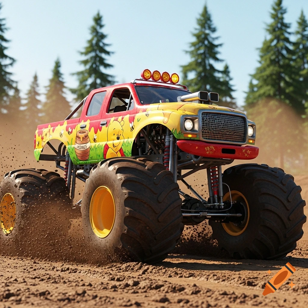 A bright yellow and red Winnie the Pooh monster truck drives on a dirt track, kicking up mud, with pine trees in the background.