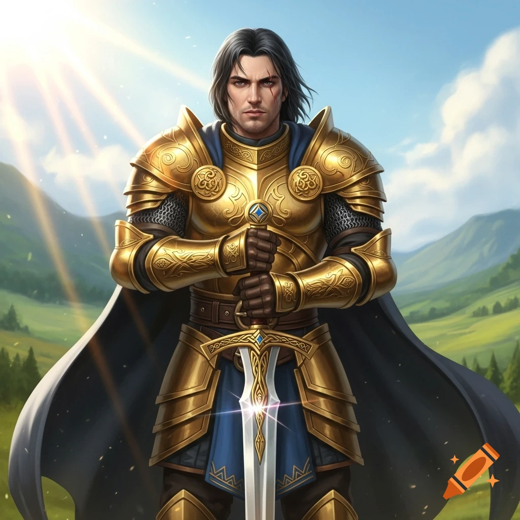 A male knight in golden armor with black hair and a small scar, holding a broad sword, standing in a sunny mountain landscape.