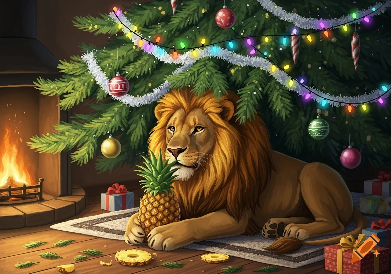 A lion lies under a decorated Christmas tree, holding a pineapple. Sliced pineapple is on the floor and a fireplace burns nearby.