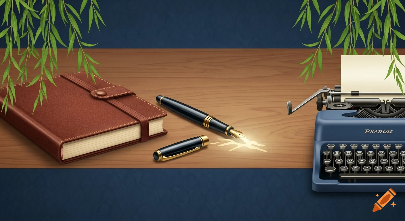 A brown notebook, a fountain pen, and a blue vintage typewriter on a wooden desk with green leaves.